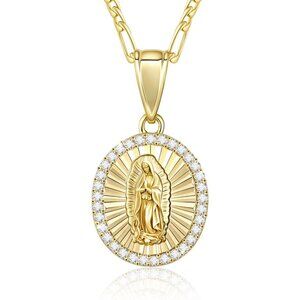 Catholic Virgin Mary Necklace 14K Gold Round Zirconia Guadalupe Pendant Women